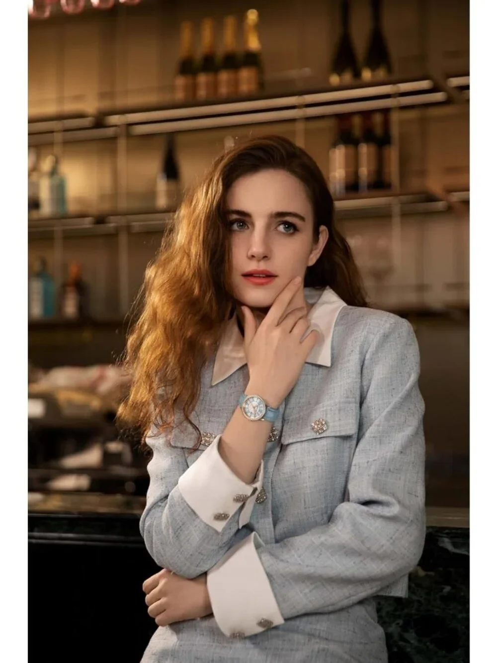 Women's Blue Dainty Watch Mother of Pearl Dial Leather Strap Quartz Wrist Watch